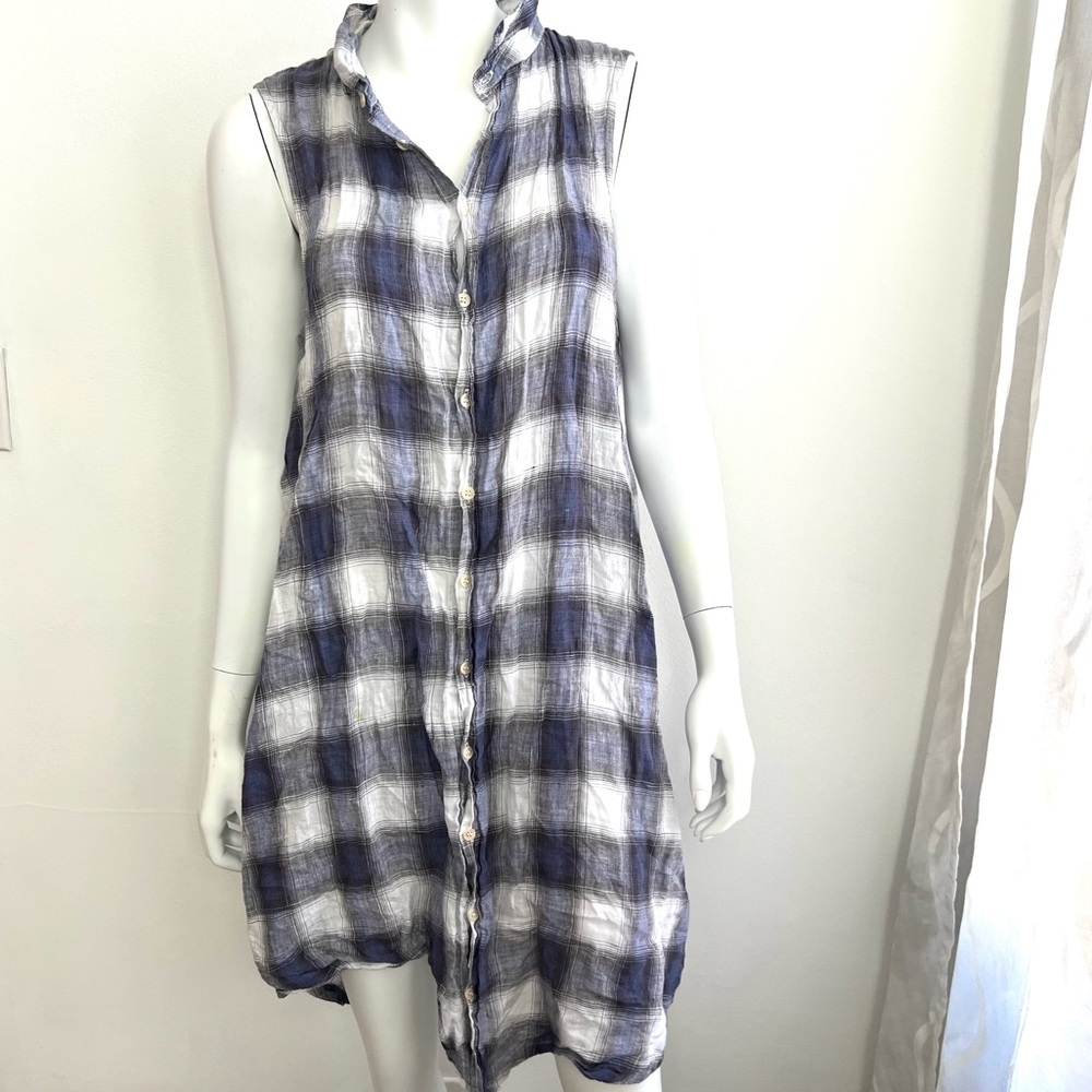 CP Shades Women’s Dress Medium Linen Blue White Sleeveless Plaid Casual Button